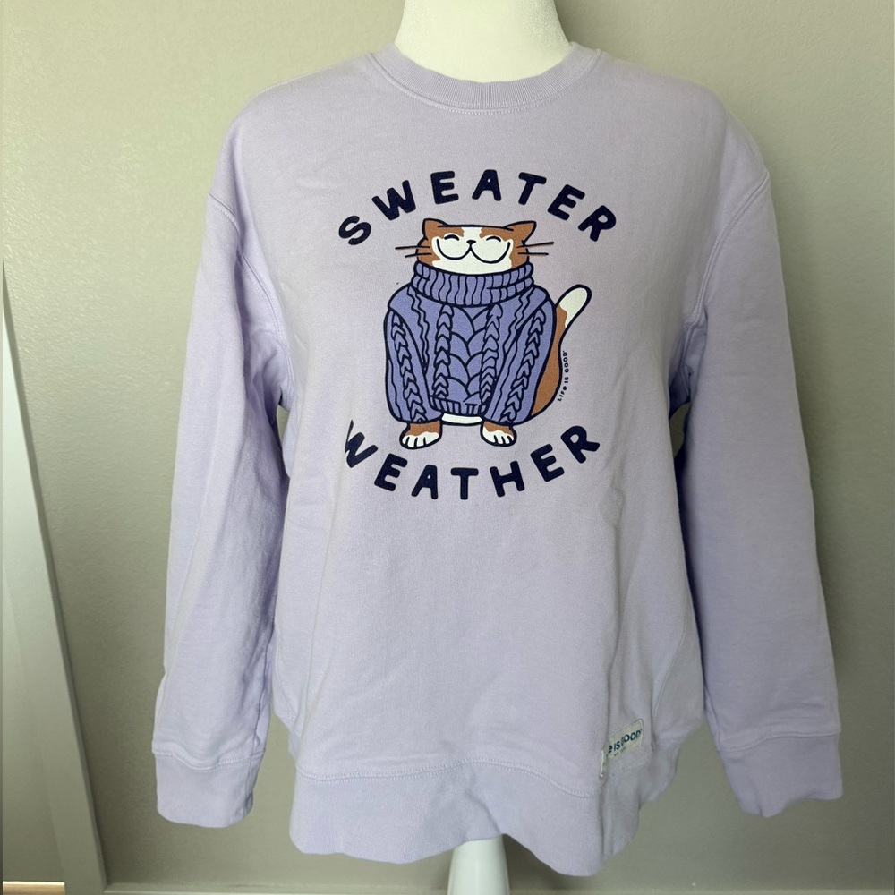 🧶 Life is Good Sweater Weather Cat Crewneck Sweatshirt Lavender - XL